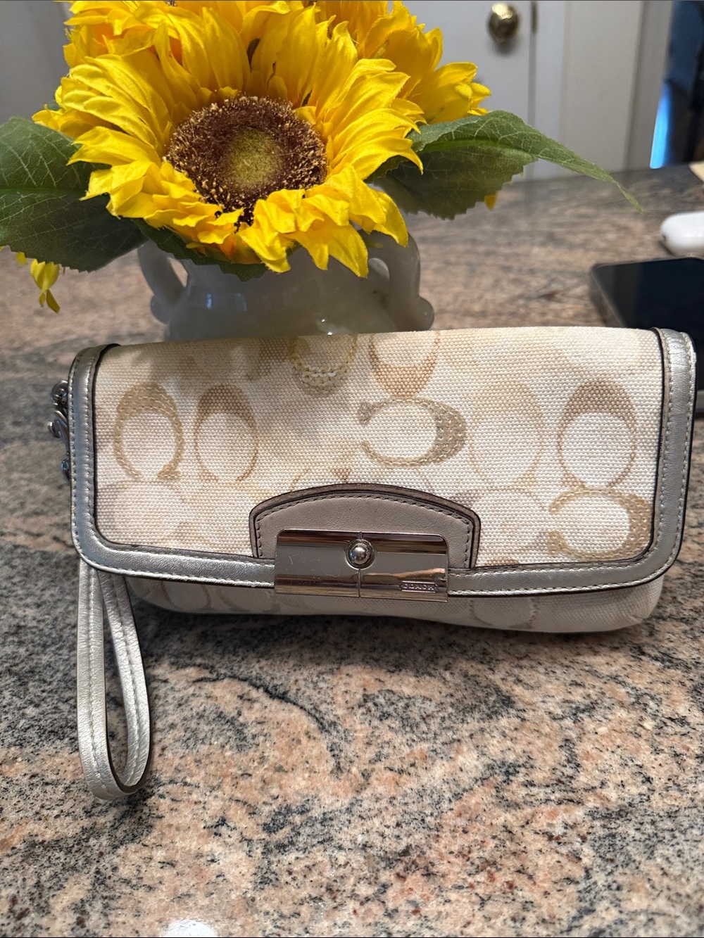 Coach Beige Signature Canvas Wristlet with Silver Trim